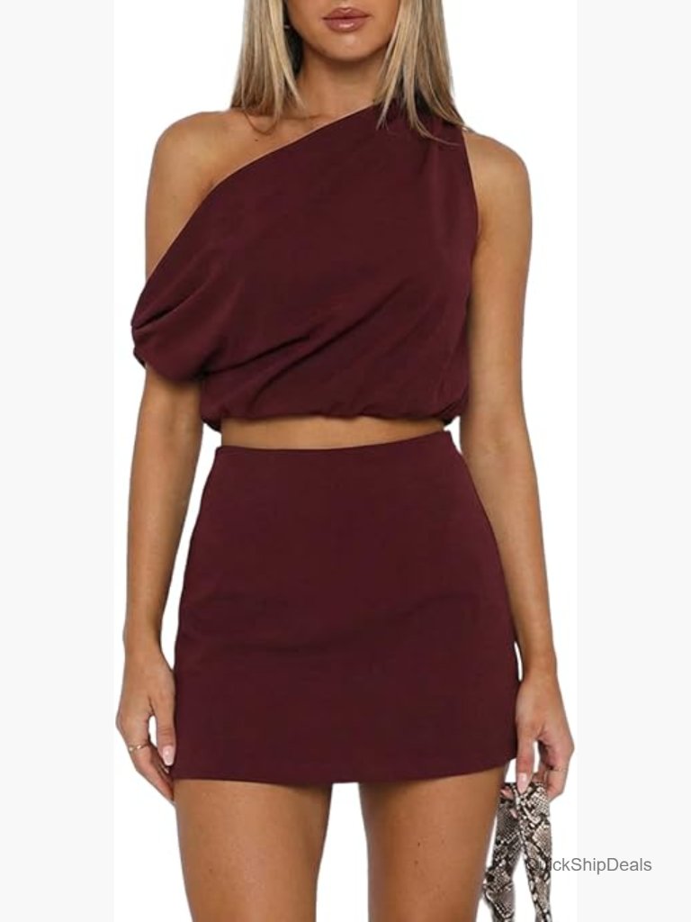 One Shoulder Tank Top And Skirt Set, 95% Polyester 5% Spandex, Lounge Matching